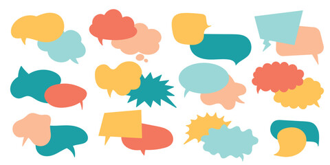 Colorful flat speech bubble set. Empty Blank Balloon. Hand drawn talk bubble. Doodle child conversation dialog, cartoon chatting box, message box. Vector illustration. Isolated on a white background