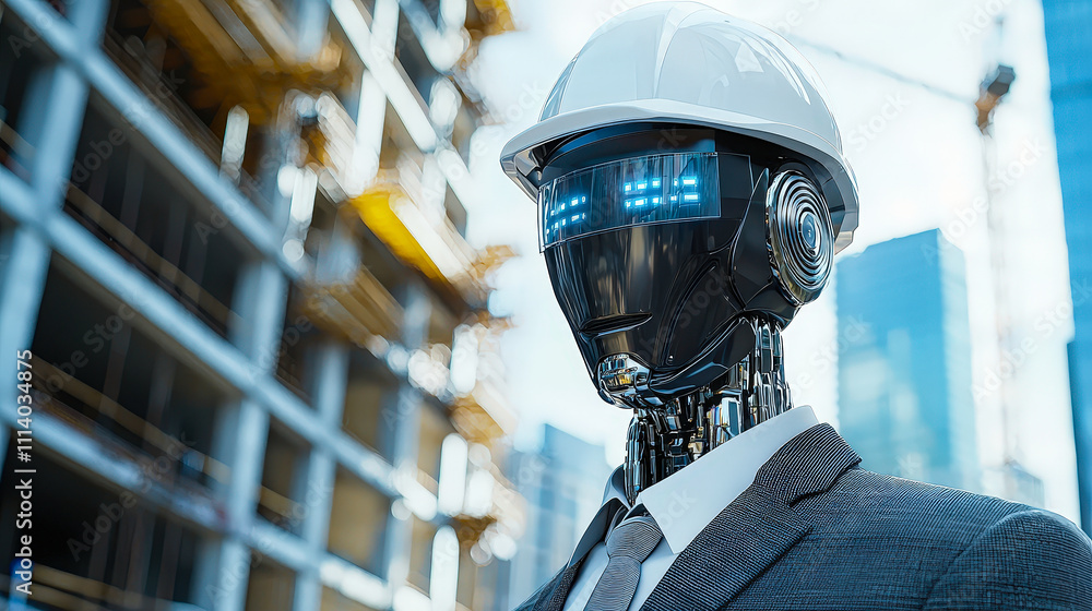 Poster a robot dressed in a suit and hard hat stands confidently at a construction site, surrounded by cran