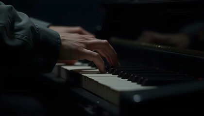 Fototapeta premium Hands playing piano keys in a dark, moody setting