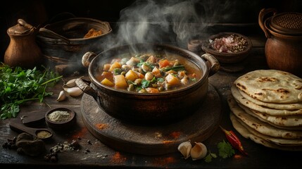 Aromatic Vegetable Stew in Rustic Pot Surrounded by Fresh Ingredients