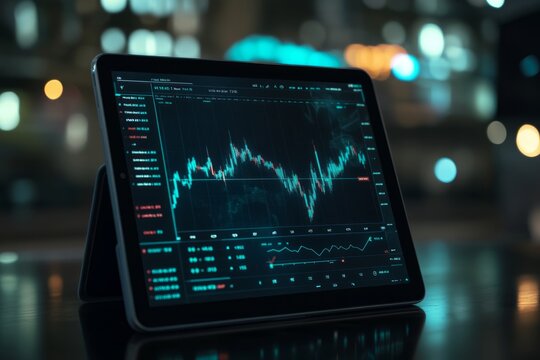 Modern digital tablet computer with stock market application on a screen, Modern financial stock market graph with only candlestick chart and numbers on it's screen