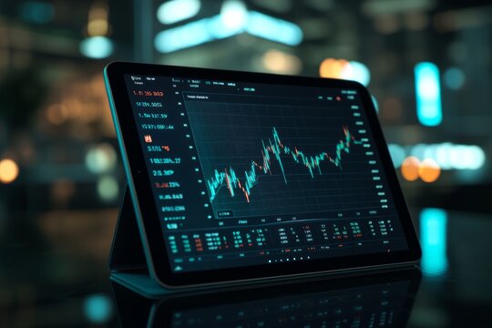 Modern digital tablet computer with stock market application on a screen, Modern financial stock market graph with only candlestick chart and numbers on it's screen