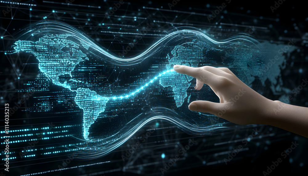 Poster hand interacting with a digital world map, showcasing global connectivity and data flow. ideal for t