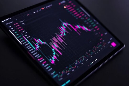 Modern digital tablet computer with stock market application on a screen, Modern financial stock market graph with only candlestick chart and numbers on it's screen