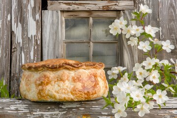Artistic display of a homemade pie cooling on a rustic windowsill with golden crust and charm