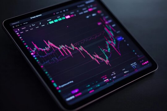 Modern digital tablet computer with stock market application on a screen, Modern financial stock market graph with only candlestick chart and numbers on it's screen