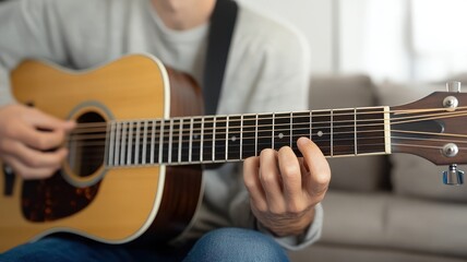 A person plays an acoustic guitar, focusing on the fretboard with strumming hand positioned above, set in a cozy indoor environment.