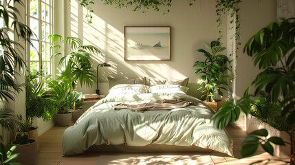 A tranquil bedroom adorned with greenery features a large bed with soft bedding, bright sunlight streaming through windows, creating a relaxing atmosphere