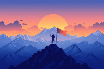 Personal Goal Setting and Mind Visualization. A silhouette of a person stands on a mountain peak, holding a flag against a vibrant sunset backdrop with majestic mountains.