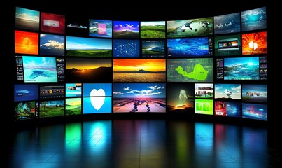Streaming and social media concept with multiple digital screens displaying short and long videos. Immersive multimedia and visual content space.