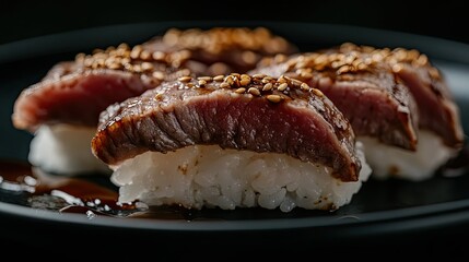 Close-Up Shot of Wagyu Sushi on a Black Plate