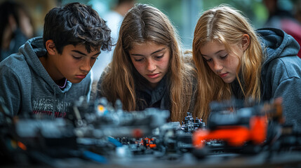 Young students engaged in robotics project at an outdoor event during a sunny day in the park. Generative AI