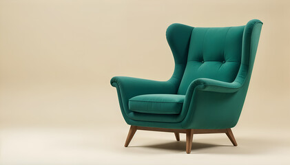 Retro-style green armchair with a high backrest, perfect for vintage or luxury interior themes....