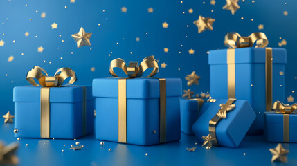 Generative AI illustration of blue gifts with golden bows and ribbons placed on blue background near stars.