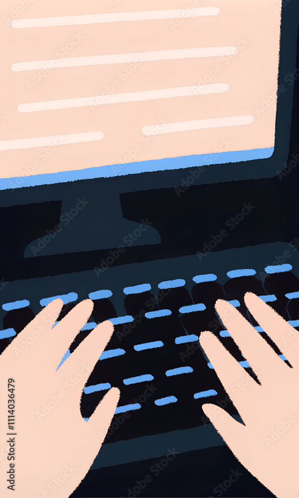 Poster hands typing on computer keyboard modern illustration of digital communication