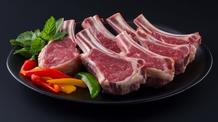 Fototapeta premium Fresh Raw Lamb Chops with Colorful Peppers and Mint Leaves