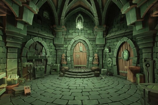 Interior of a medieval castle with green tones, game scene, fantasy and history concept.