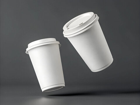 photo 3D render of two white paper coffee cups floating in the air, isolated on a grey background
