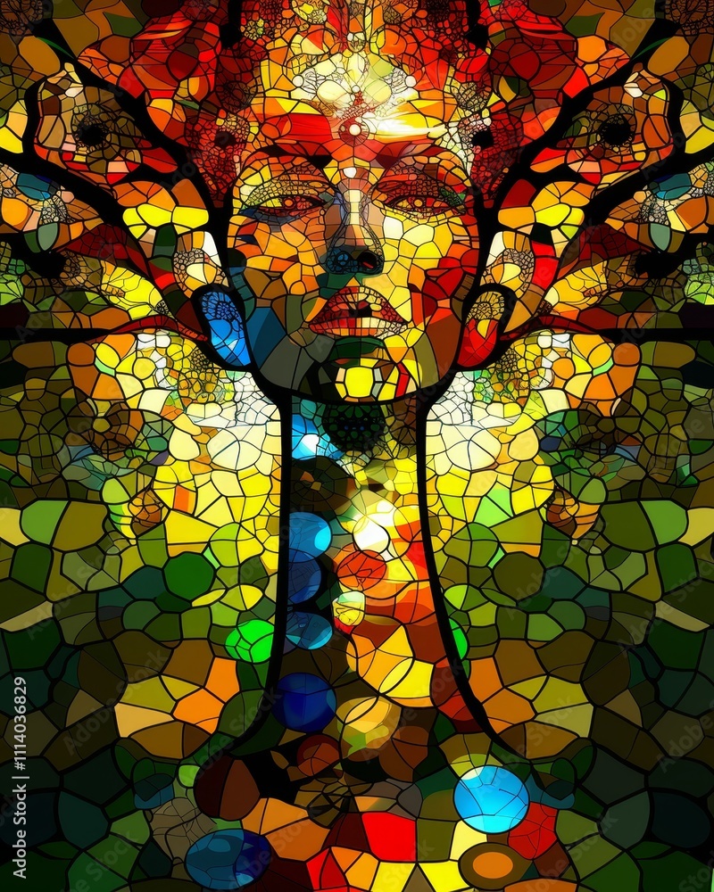 Poster abstract mosaic design in pixel art style set against a subtle gray shadow background