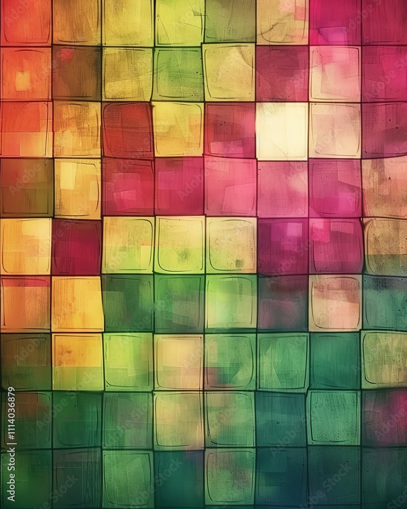 Poster abstract mosaic artwork in pixel art style set against a subtle gray shadow backdrop