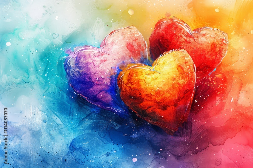 Poster create an eye catching image with a colorful background and 3d red hearts, featuring text space
