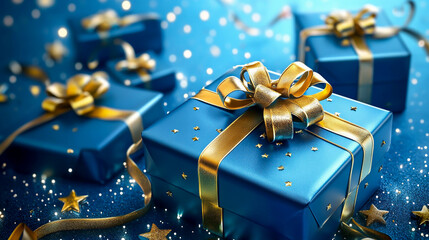 Generative AI illustration of blue gifts with golden bows and ribbons placed on blue background near stars.