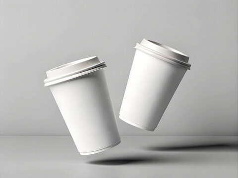 photo 3D render of two white paper coffee cups floating in the air, isolated on a grey background