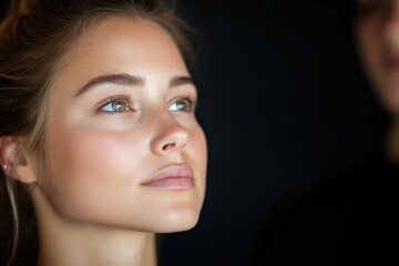 Fototapeta premium This elegant portrait features a model with soft, natural makeup, highlighting her features and bringing an air of sophistication through careful lighting and composition.