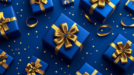 Generative AI illustration of blue gifts with golden bows and ribbons placed on blue background near stars.