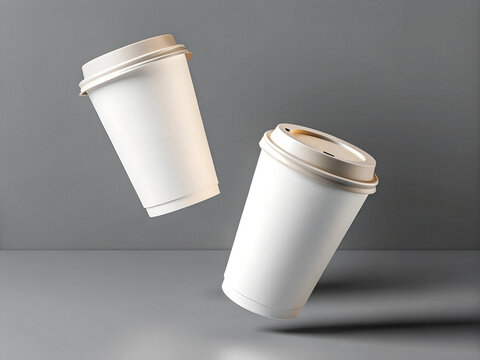 photo 3D render of two white paper coffee cups floating in the air, isolated on a grey background
