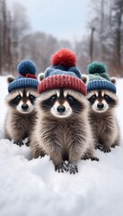 Fototapeta premium Adorable Raccoon Babies in a Snowy Winter Wonderland