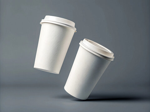 photo 3D render of two white paper coffee cups floating in the air, isolated on a grey background