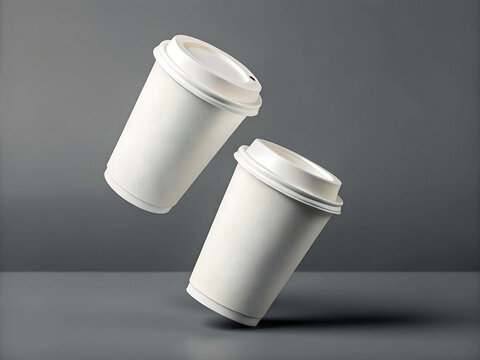 photo 3D render of two white paper coffee cups floating in the air, isolated on a grey background