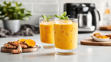 Fototapeta premium Refreshing turmeric and mango drinks served in glasses, accompanied by fresh turmeric roots, ideal for health enthusiasts.