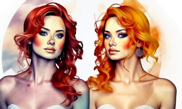 Two Beautiful Red-Haired Women Watercolor Illustration Turning To Camera