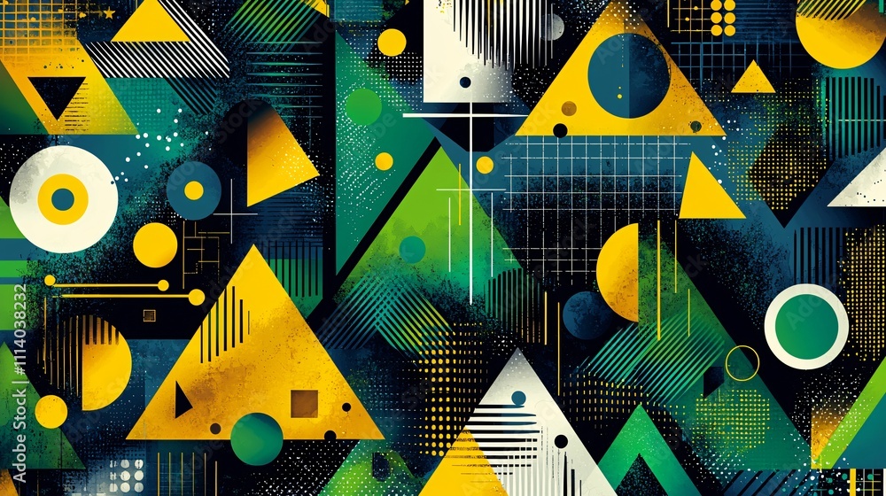 Aufkleber funky geometric shapes pattern featuring vibrant triangles and circles in dynamic arrangement
