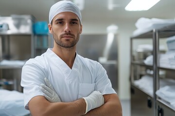 A confident young surgeon in sterile medical attire, exuding professionalism and readiness, crucial for ensuring patient safety and optimal care in a clinical setting.