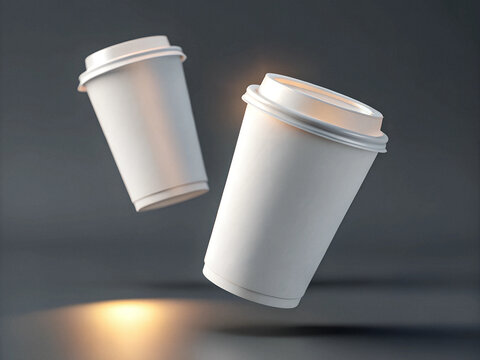 photo 3D render of two white paper coffee cups floating in the air, isolated on a grey background