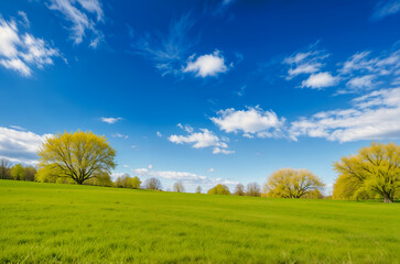 Naklejka premium Wide open field with a bright blue sky, symbolizing nature, freedom, and serenity. Generative AI