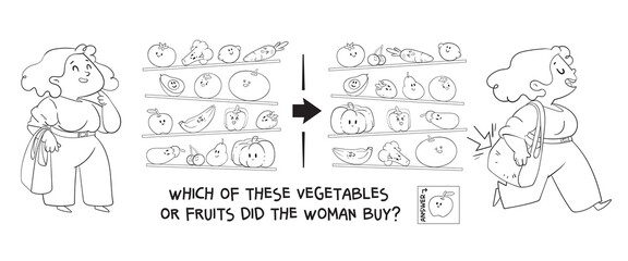 Find the differences puzzle game. Which of these vegetables or fruits did the woman buy at the grocery store? Find hidden objects in the picture. Puzzle Hidden Items. Educational game for children