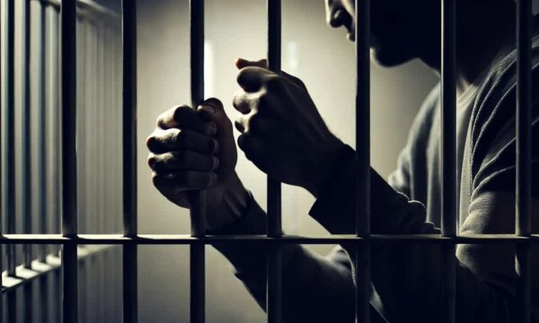 Man sitting in jail holding the metallic bars