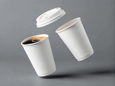 photo 3D render of two white paper coffee cups floating in the air, isolated on a grey background