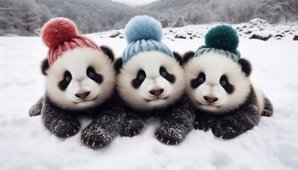 Adorable Panda Cubs in a Snowy Winter Wonderland