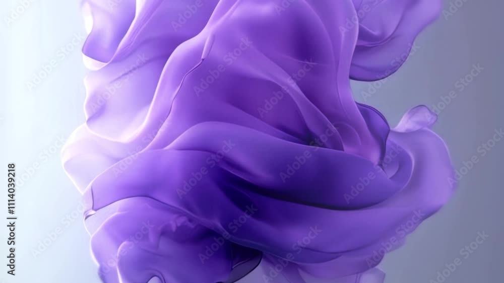 Poster Abstract three-dimensional animation with soft, undulating shapes of transparent fabric flying in the wind in shades of purple and lavender. A modern design with a sense of lightness, airiness and dyn
