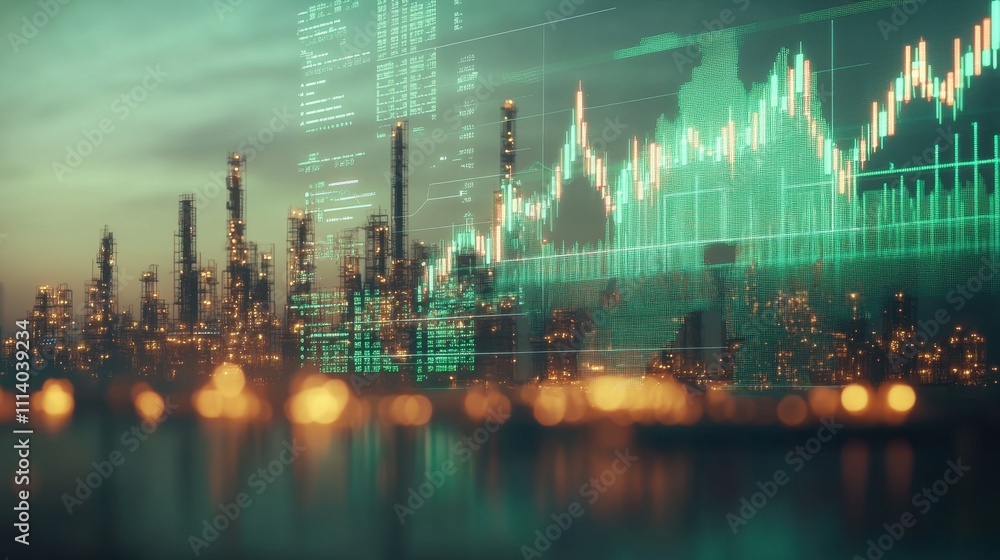 Poster illuminated cityscape and financial data display