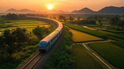 Scenic Train Journey Through Lush Landscape at Sunset