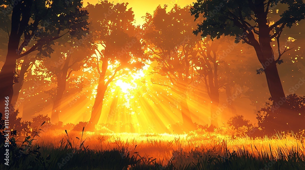 Poster sunlit forest with golden hour rays shining through the trees at dusk