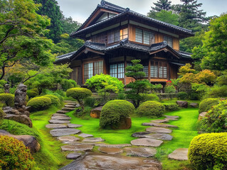 Obraz premium 美しい日本庭園と古民家の調和：和の心を感じる伝統的な風景