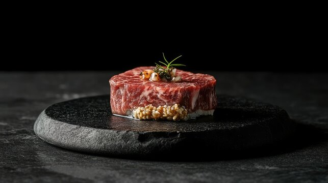 Delicious Wagyu Sushi Presentation on Black Slate