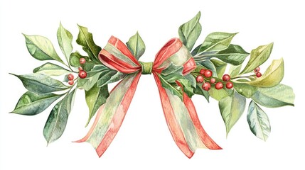 Christmas bow clipart, mistletoe accent, light green and red, isolated on white background 